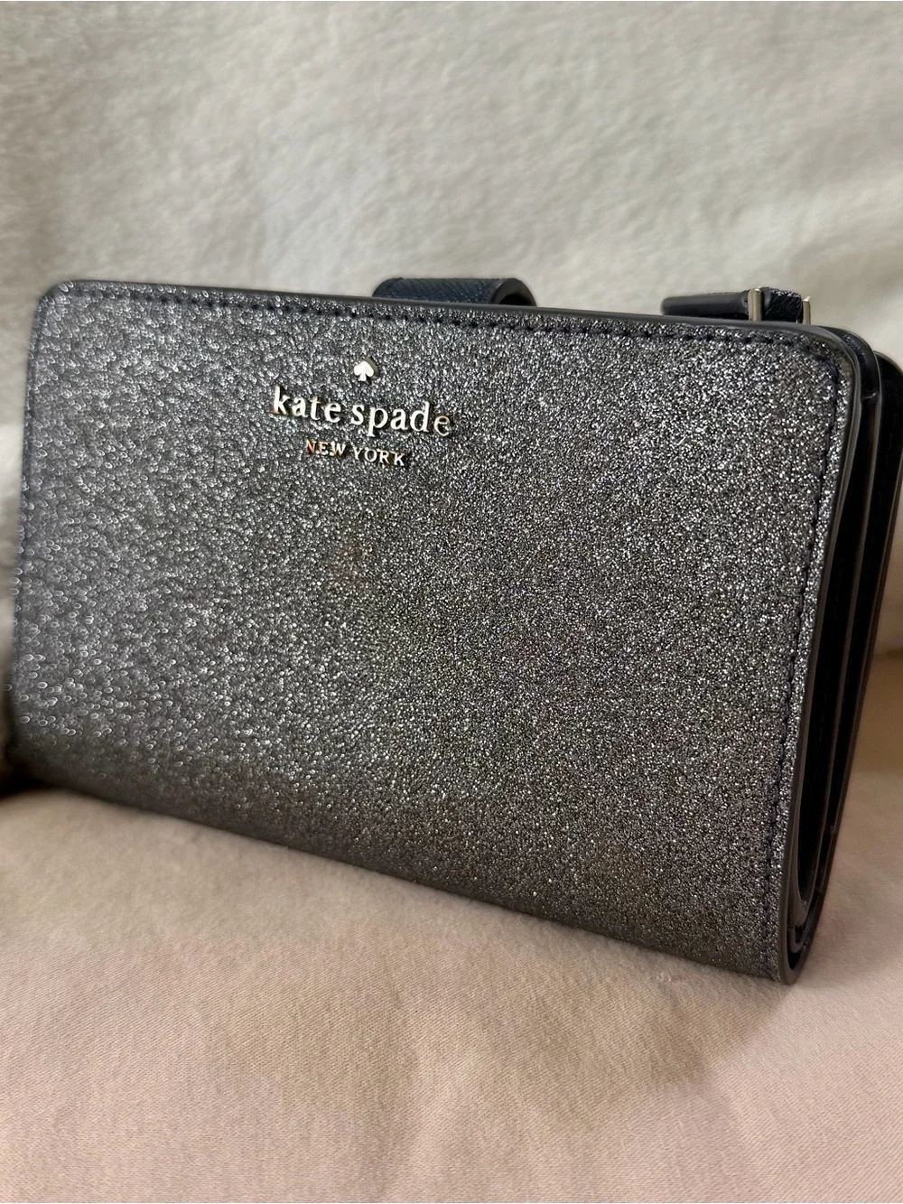 Kate Spade Shimmy Glitter Medium Compact Bifold Wallet Grizzly Grey / Navy Blue